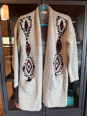 debut Cream Aztec Open-Front Cardigan with Burgundy & Black Accents
